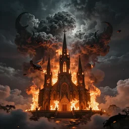 an epic matte painting of heaven versus hell, a big church burning in the middle of the frame, master shot, massive, cinematic lighting, high definition, symmetrical, clouds, darkness, 8 k