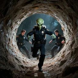 an evil alien astronaut dressed as a border patrol officer enters a quantum wormhole. dark dance photography, dynamic dance photography, gary baseman, dan mumford, pedro correa, mad magazine, surreal object photography, wide angle camera closeup
