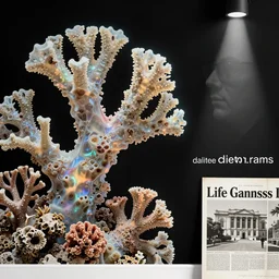 realistic product photo of a wall paper covered in shriveling dead semi - translucent iridescent coral reef, emitting aura, the wall paper is designed by dieter rams le corbusier, pure black background, spotlight shining on mans face, 1 9 6 0, life magazine photo, natural colors, metropolitan museum, kodak, 8 k, very detailed, high resolution, product photo,