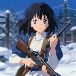 portrait of anime girl in dress dress with rifle in hands winter by greg rutkowski, key visual, kyoto animation, makoto shinkai, studio ghibli pixiv, sharp, detailed, high quality, award winning trending on super detailed face sparkling eyes fingers photorealistic ultrahd 4 k 8 k unrealengine