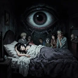 my bed horror in dark room with a giant cuthulu eyes in the dark by gaston bussiere, anna nikonova aka newmilky, greg rutkowski, yoji shinkawa, yoshitaka amano, tsutomu niehi, moebius, donato giancola, geoffroy thoorens, concept art, trending on artstation, featured on pixiv, cinematic composition, 8 k