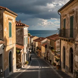a beautiful view down the street of an old italian town. sea can be seen in the background.
