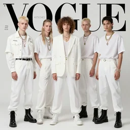 kitsch fashion, androgynous people in white clothes, new age, vogue - n 9