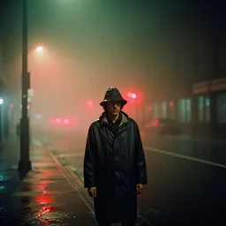 analog photograph of a man wearing a raincoat and a hat, alone in the street with thick fog at night by alex prager and mark owen. red lights. bokeh. cinematic. hq. detailed. contrast. cinestill 8 0 0 t
