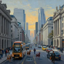 cityscape painting of london city filled with genetically modified animals, streetview, scene shows street busy with genetically modified animals, zdzislaw beksinski, lewis jones, dariusz zawadzki, wayne barlow, warhammer fantasy, cold hue's, warm tone gradient background, concept art, 4 k, ultra - high - definition