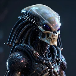 cyberpunk alien portrait, hyper realistic shiny textures 8 k, alien vs predator skull, elongated head, intricate details, fluorescent glow, science fiction space horror, unreal engine, dark, heavy shading, depth of field
