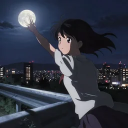 anime visual, portrait of a young female sightseeing above the city at night, guardrail, moon, cute face by yoh yoshinari, katsura masakazu, studio light, dynamic pose, dynamic perspective, strong silhouette, ilya kuvshinov, anime cels, 1 8 mm lens, fstop of 8, rounded eyes, moody