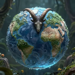 in world of dew, and within every dewdrop a world of struggle., fantasy intricate elegant under, lush volumetric lighting 3 d modelling a horned man