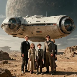 highly detailed, 268435456k film, 2800mm film still from a sci fi blockbuster color movie made in 2019, set in 1860, of a family standing in front of a spaceship that has just landed on an alien planet, the family are all wearing 1860s era clothes, good lighting, good photography, ultra high definition