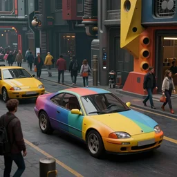 a matte painting of a colorful car scene from the future, pedestrians, cyber - steampunk, highly detailed, in the style of greg rutkowski and remedios varo and john chamberlain, dark moody lighting, hyper photorealism, trending on artstation, 8 k