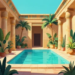 a pool in a ancient egyptian interior full of plant and palms,retrowave art,digital art