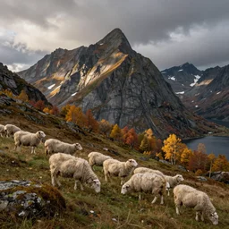 a mountainside in autumn, sheep sanking, by hans gude, by adolph tidemand, norwegian romantic nationalism