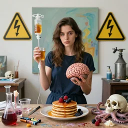 a portrait of a female art student holding a brain, iv drip, honey, organic, femme, high voltage warning sign, an artist's studio, pancakes, berries, octopus, surgical supplies, skull, scientific glassware, art materials, candle dripping wax, berry juice drips, neo - expressionism, surrealism, acrylic and spray paint and oilstick on canvas
