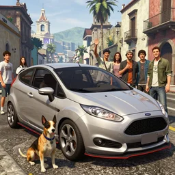 highly detailed ford fiesta modificated by hoonigan of a dog xoloitzcuintle in gta v, street in mexico, happy ambience, stephen bliss, unreal engine, fantasy art by greg rutkowski, loish, rhads, ferdinand knab, makoto shinkai and lois van baarle, ilya kuvshinov, rossdraws, tom bagshaw,
