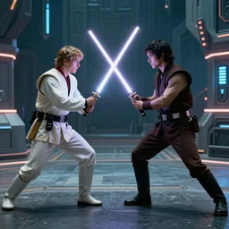 Jedi duelling, 4k, cinematic, realistic, vaporwave