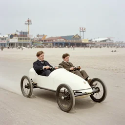 a photo from the early 1900s of two people racing in electric cars, on a beach, with the Coney Island boardwalk in the background