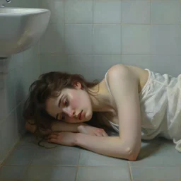 surreal painting of a sad woman, alone, lying on the floor of a bathroom