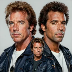 a portrait painting of eighties miami vice, don johnson and philip michael thomas, ultra realistic, highly detailed faces, true life, 8 k, masterpiece, cinematic, by frank frazetta, greg rutkowski, yoko taro, christian macnevin, beeple, wlop, krenz cushart, epic character art, volumetric lighting