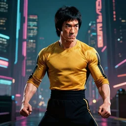 bruce lee as real life goku in blade runner 2 0 4 9, octane render, 4 k quality, cyberpunk city