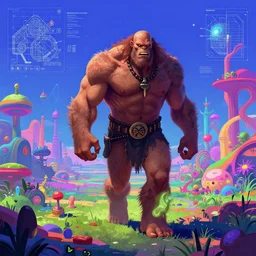 thundar the barbarian walking through a psychedelic landscape, in the style of Rob Lefield and Dan Mumford , trending on artstation, digital art,surrealism ,macro,blueprint ,vaporwave ,