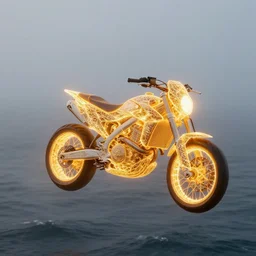 a glowing motorbike flying over the sea, foggy background, hyperrealistic, volumetric golden dappled dynamic lighting, highly detailed, sharp focus, by victo ngai, h. r. geiger, artgerm, dendritic, fractal