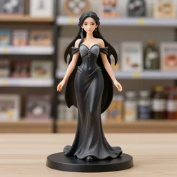 Image on the store website, eBay, 100mm resin figure of a beautiful female sorceress, dress in black and gray and white, tricorn hat, stand on a wooden disk base
