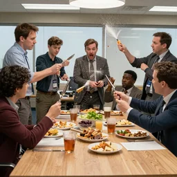The cast of The Office having a food fight, cinematic, high detail