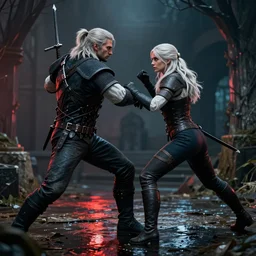 geralt of rivia fighting ciri in the witcher 3, hyper realistic, cinimatic, epic shot, movie still, 8 k, dramatic shot, dramatic lighting, vibrant, shadows, reflections, depth of field