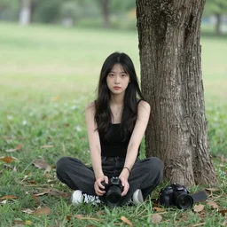 photo of a beautiful, mysterious young woman sitting by a tree, real photo, real camera, dslr, 8 k, wideangle