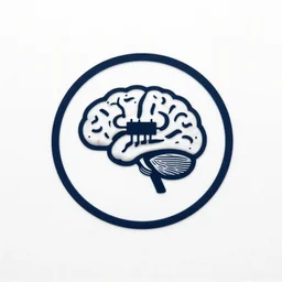 business logo depicting a brain with microchips and wires coming out of it, surrounded by a circular ring, glue logo on white background, award-winning, minimalist,