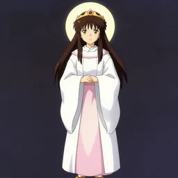 full body portrait of a cleric, female, young, cute, white robes, pink clothes, holy, simplistic, circlet, spirits, brunette, white skin, heterochromia yellow and green, high fantasy, extremely detailed, smooth, sharp focus, digital illustration, by hayao miyazaki, osamu tezuka, frank franzzeta, collectible card art