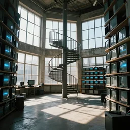 3 d huge hall full of windows streaming sunlight, spiralling staircase and shelves full of cathode ray monitors, strong shadows, full colour, hyper realistic photo, unreal engine, upscale, 8 k, masterpiece,