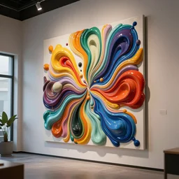 : colorful abstract fluid sculpture art on the wall in modern architecture studio, cinematic lighting, hyper - realistic, detailed, render by c 4 d octane, unreal engine, 8 k 3 d render