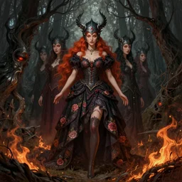 fantasy full body shot, witch with 4 eyes, red hair, crow helmet, floral dress, dead forest, intricate detail, photorealistic, elegant, stylish, highly detailed, digital painting, artstation, concept art, smooth, sharp focus, illustration, art by artgerm and greg rutkowski and terese nielsen, fire scheme