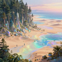 highly detailed holographic iridescent sci fi world with forests, deserts, oceans, at dusk, by gilbert williams, by simon stalenhag, by beeple, by bruce pennington, by moebius, featured in juxtapoz, dynamic composition, octane render, with many different pastel shades of blue pink orange yellow green, beautiful lighting, prismatic