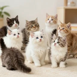 1980s magazine photo of a room full of fluffy kittens playing