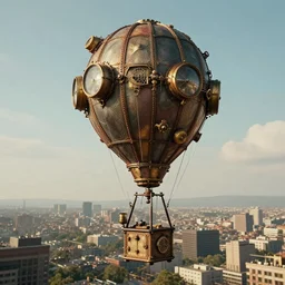 Steampunk balloon in the air, flying above the city.