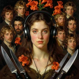 portrait of skullcandy, cayenne flowers and knives in the style of wayne barlowe, gustav moreau, goward, bussiere, roberto ferri, santiago caruso, luis ricardo falero, austin osman spare