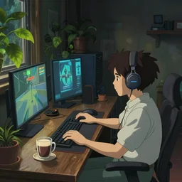 beautiful scene render of a person sitting at a desk, playing computer games, dimly lit bedroom, hot cocoa drink, green plants, perfectly shaded, atmospheric lighting, style of makoto shinkai and peter mohrbacher, studio ghibli. artgerm, karol bak, beeple, animation style, 8 k hd, ultra wide angle, hyper detailed
