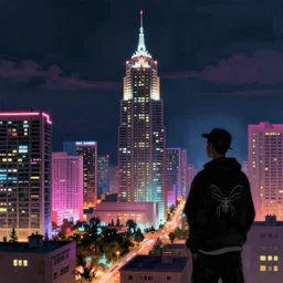 vaporwave city, Miami at night. Digital painting. Beeple. Banksy