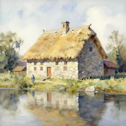 abstract watercolor painting of hedonic scandinavian king house, in stone, straw roof, war lord, magical and traditional, reflective river, crisp daylight, midday, cinematic light, national romanticism by anders zorn, by greg rutkowski, by greg manchess