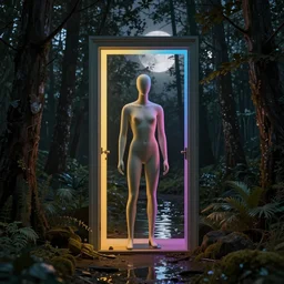 beautiful 3 d render of a mannequin in a forest, a doorway opening with rgb light, in water, dark moon in background, moody, award - winning, 4 k, trending on artstation, photorealistic, volumetric lighting, octane render