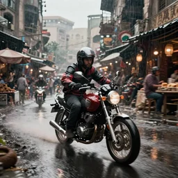 motorcycle chase through a crowded bazaar in a dystopian city, concept art by christian faber, sharp, light rain, extremely realistic lighting, illusion of motion