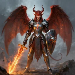 disney's gargoyles!!!! female!! winged warrior! flaming sword ( devilish smile ) ( ( plate armor ) ) ( ( ( shield ) ) ), fantasy painting, concept art, 4 k