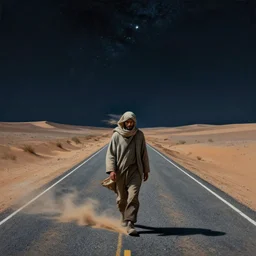 a man in rags walking down a road with no end, night sky, desert on either side, crosswinds stirring up sand and gravel, a few stars, starlight, complexly structured, surreal, dadaist painting, highly detailed, 4 k