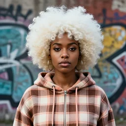 highly detailed portrait of a sewer punk african lady, tartan hoody, white afro hair by atey ghailan, by greg rutkowski, by greg tocchini, by james gilleard, by joe fenton, by kaethe butcher, gradient peach, brown, blonde cream and white color scheme, grunge aesthetic!!! ( ( graffiti tag wall background ) )