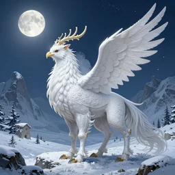 Snow gryphon on a beautiful fantasy landscape, mountainside, winter, moonlit, HD, illustration, epic, D&D, fantasy, intricate, elegant, highly detailed, digital painting, artstation, concept art, smooth, sharp focus, illustration, wallpaper, art by artgerm and greg rutkowski and alphonse mucha and jin xiaodi
