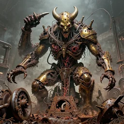 movie still of frack machine demon in chaotic dreamed insanity, intricately macerated by age, sentient, dethroned goliath machine, blood turbines, hydrocracking battles, rusted, macerated, eviscerated by fimbria wires, bicornate fungal pit, brass sheen rotting, by alberto bontempi, jack kirby, alex ross, shigeru kom