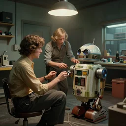 concept art, intimate, retro, atomic age, droid repair workshop, 7 0 s aesthetics and palette, soft lighting, syd mead, akihiko yoshida, cinematic