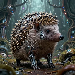 portrait of a intricate hedgehog cyborg, on the background of a weird magical mechanical forest. Very detailed 8k. Fantasy cyberpunk horror. Sharp. Cinematic post-processing.